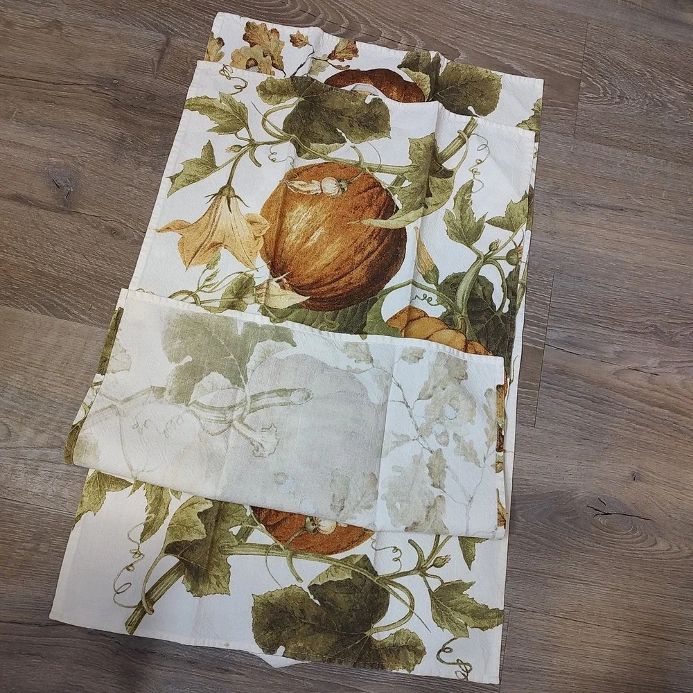 Williams Sonoma Fall Pumpkin Dish Towel Tea Towel 100% Cotton Lot Of 2 Leaves